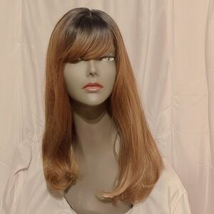 Black root , brown shaft shoulder length wig